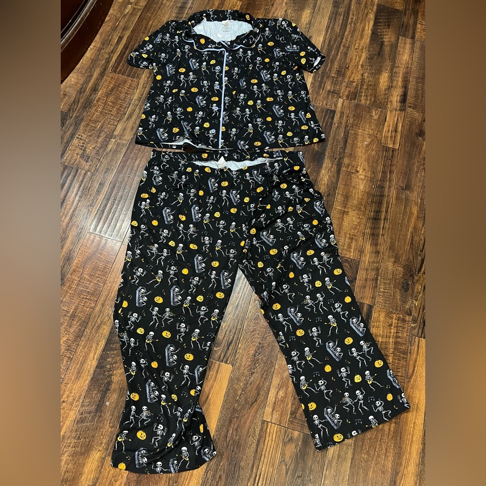 munki munki Black and Orange Skeleton Print Pajamas